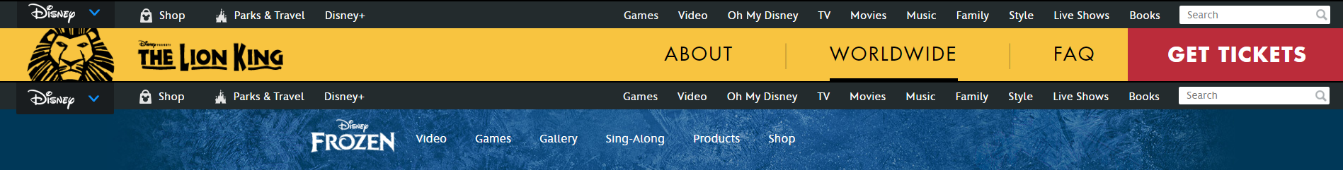 Universal website navigation on Disney's websites