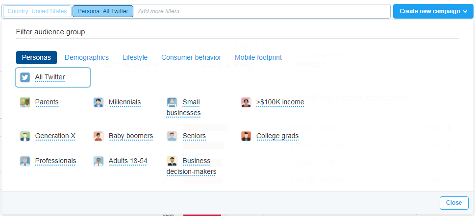 An image showcasing how Twitter lets you browse different audience categories, like business decision-makers and more.