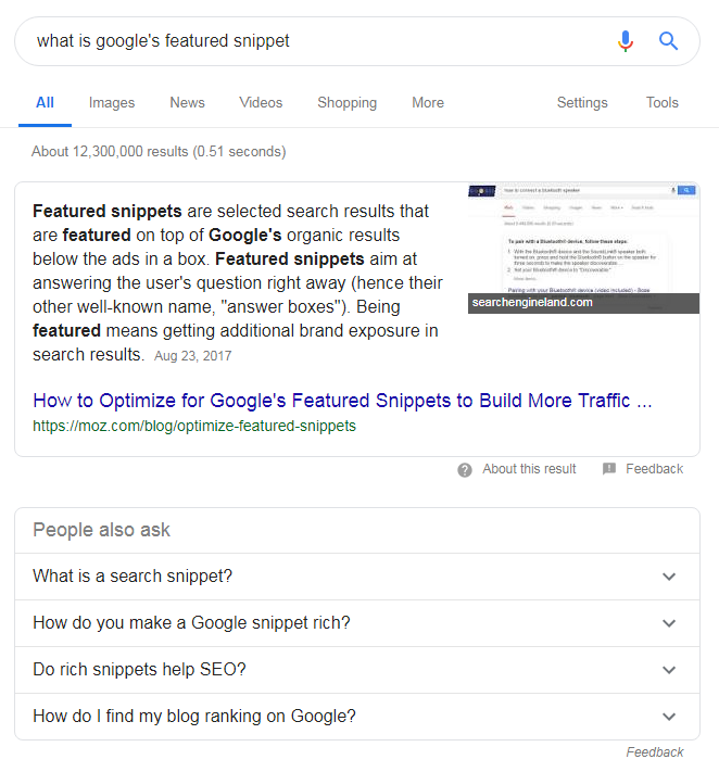An example of Google's featured snippet answering the search query without requiring the visitor to click on the search result.