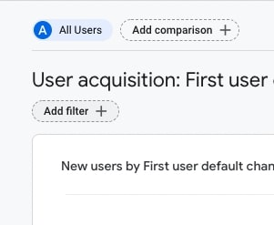 The top-left corner of the "User acquisition" report in Google Analytics 4. Below the "User acquisition" title there's an "Add filter" button.