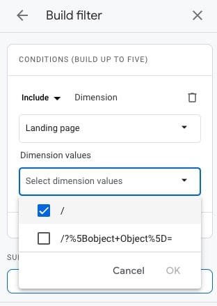 The view of filters on the right-hand side of the report in Google Analytics 4. The condition is set to "Include" and the dimension is set to "Landing page".