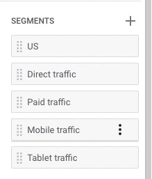 The "Segments" filter on the left-hand side of Google Analytics 4 "path exploration" report showing the options to filter traffic: direct, paid, mobile, and tablet.