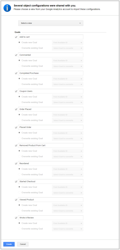 A screen of Google Analytics' import process where the user can pick the GA view and report features they wish to import.