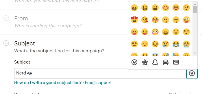 Mailchimp interface for campaign subject line, including Emoji picker.