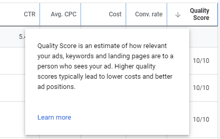Snippet of the Quality Score description from Google Ads, saying "Quality Score is an estimate of how relevant your ads, keywords and landing pages are to a person who sees your ad. Higher quality scores typically lead to lower costs and better ad positions."