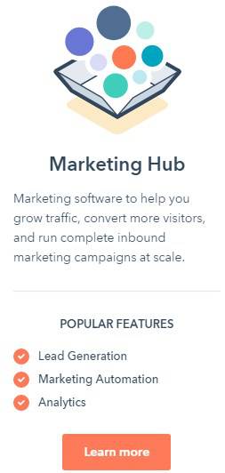 A screenshot for HubSpot's home page showcasing the short version of the benefits of their marketing hub.
