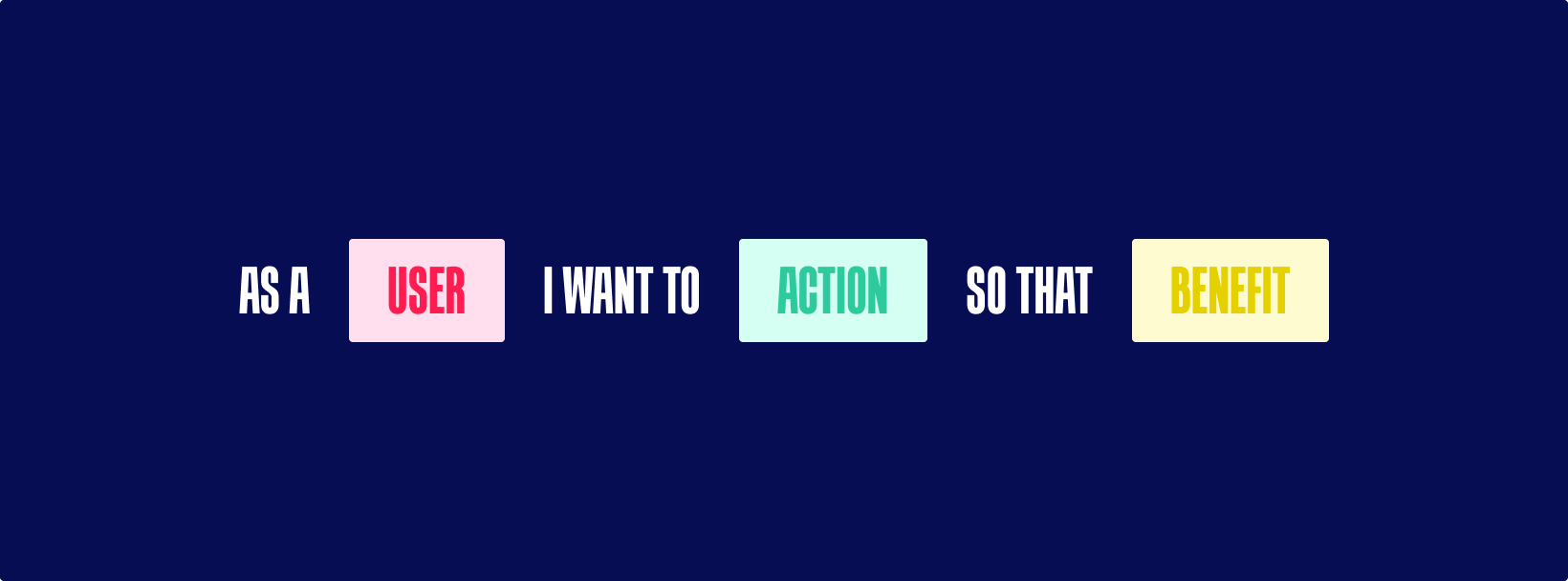 The default user story template that goes: As a user I want to take an action so that I get a benefit. The "user", "action" and "benefit" are variables which you adjust to depending on your scenario.