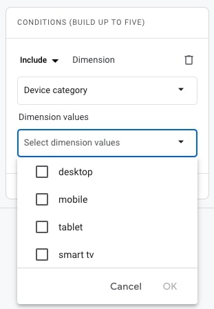 The report view of "device category" dimension in Google Analytics 4, with the options being: desktop, mobile, tablet and smart tv.