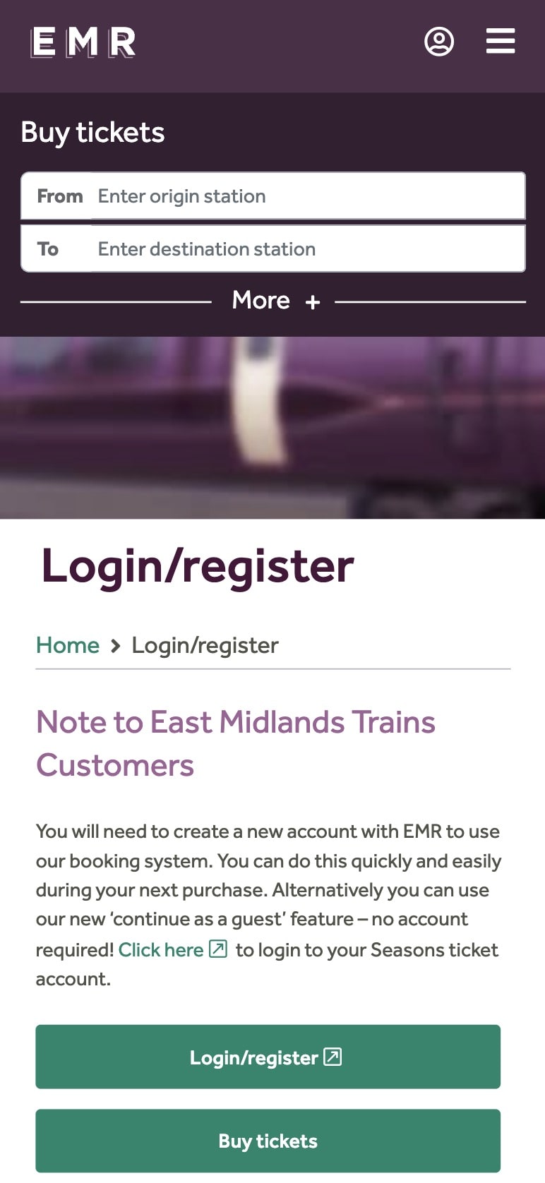 The East Midlands Railways login page shows two buttons of identical size and colour. One says "Login/register" with an icon to open in a new tab, and the other says "Buy tickets".